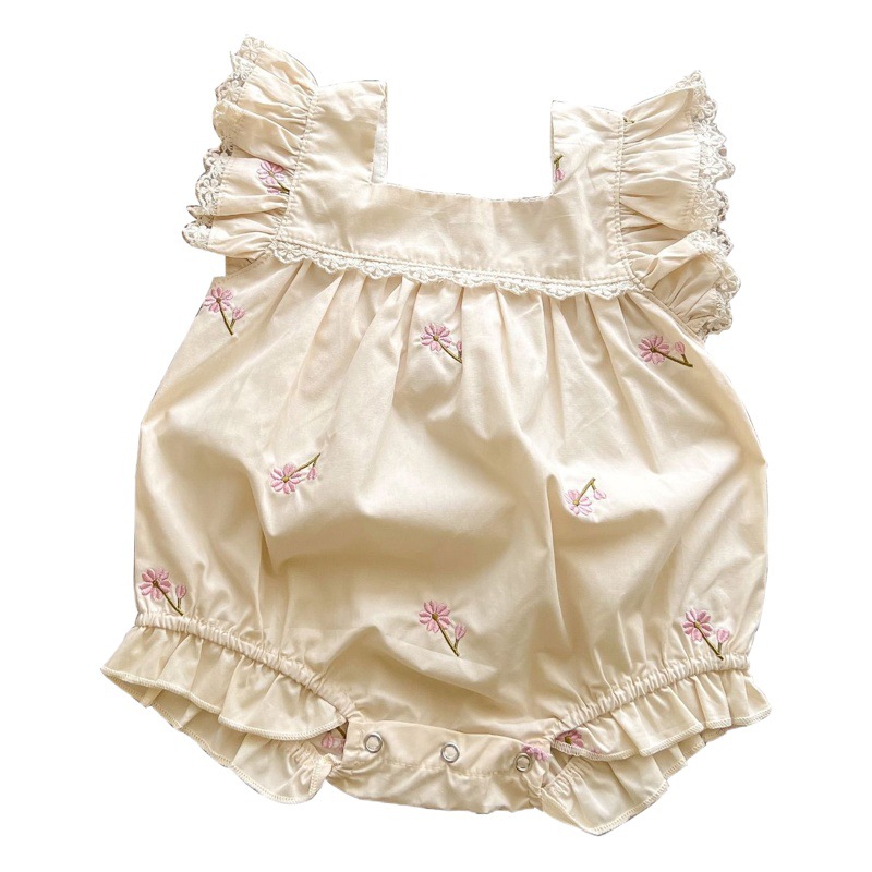 2022 verano lindo bebé mono encaje cuello cuadrado bordado vaina de algodón manga del vuelo mameluco