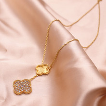 现货中古不锈钢凹槽贴皮四叶草吊坠镶嵌锆石吊坠简约不掉色锁骨链