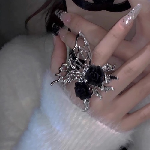 Night Rose~ Spicy Sweet Cool Liquid Butterfly Open Ring, Light Luxury Uncommon Design Adjustable Ring for Index Finger