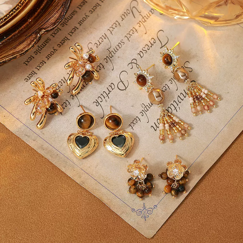 2025秋冬新款复古港风天然虎眼石耳环轻奢高级感美拉德高级感耳饰