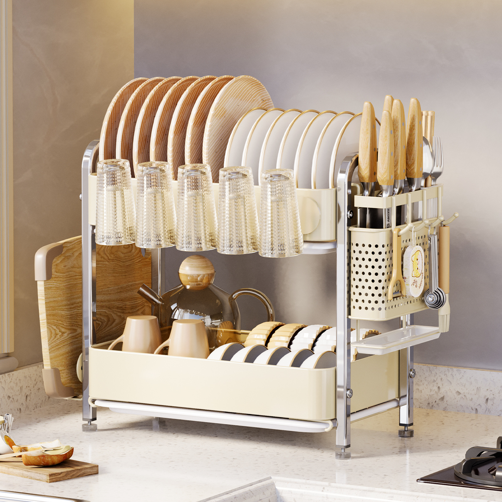 跨境 廚房台面瀝水碗碟架碗盤置物架台面晾碗架家用碗筷刀叉收納