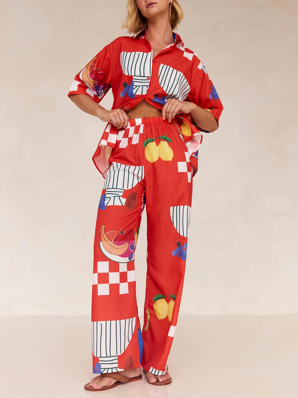 Holiday Daily Women's Vacation Plaid Fruit Polyester Printing Button Pants Sets Pants Sets display picture 6