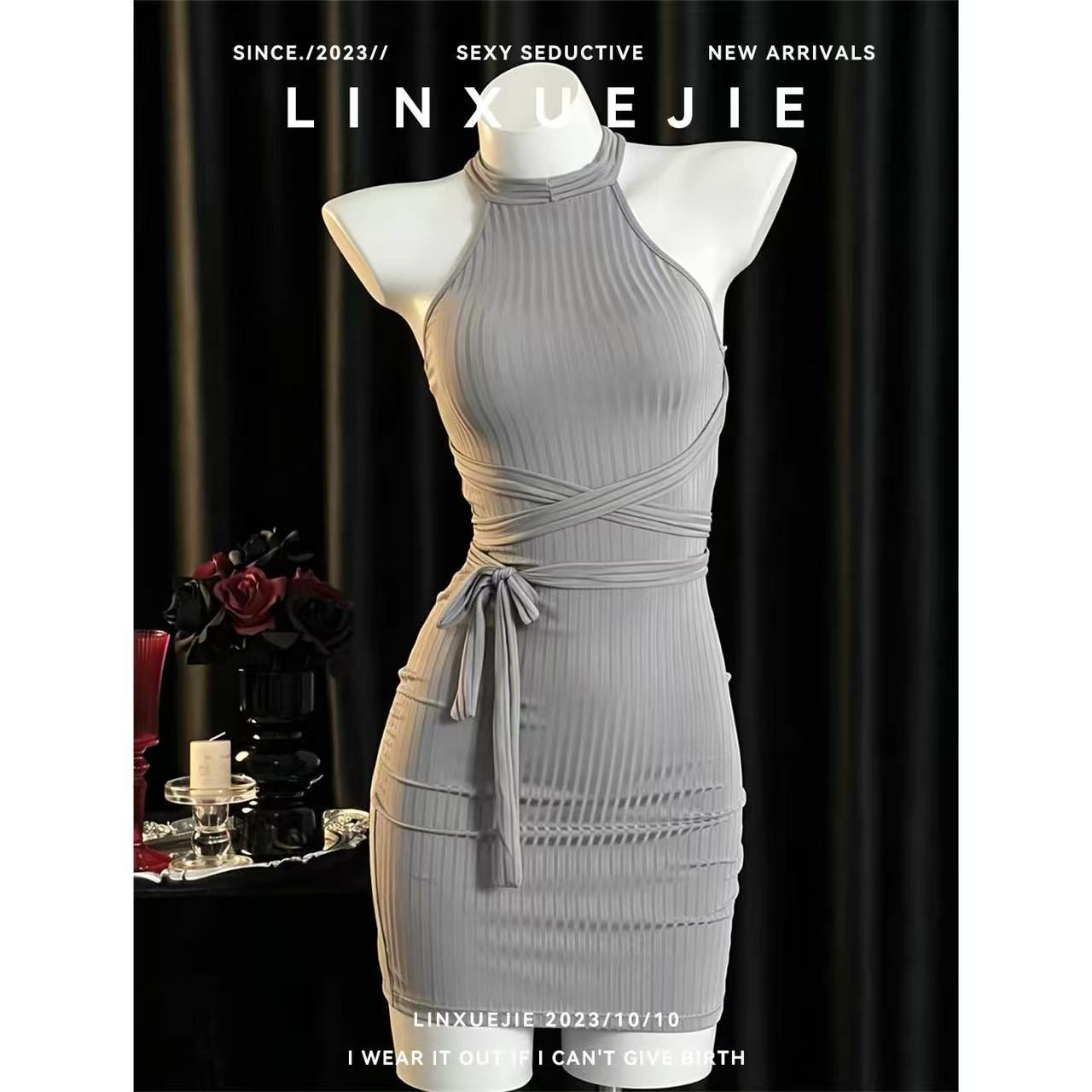 Sleeveless Halter Neck Maid Bodycon Dress, White Polyester Secretary Roleplay Lingerie — detail image 5