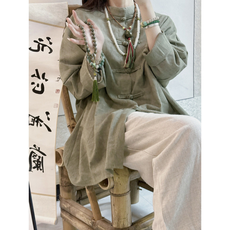 纯棉套装女2025新中式清冷感衬衫女复古中国风盘扣棉麻宽松衬衣女|undefined