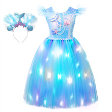 女童連衣裙两件套 美人鱼卡通裙艾莎发光裙子LED飞袖纱裙加灯衣服