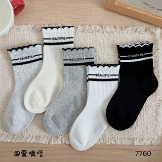 爱嘀嗒儿童袜子秋季新款女童高筒黑灰miu系花边韩版中大童学生袜