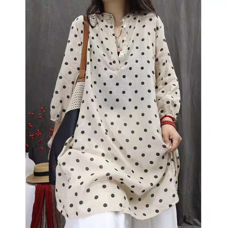 Женское летнее платье-рубашка из хлопка и льна в стиле ретро,  полка-дот,  средней длины,  для путешествий,  коллекция 2025 года.