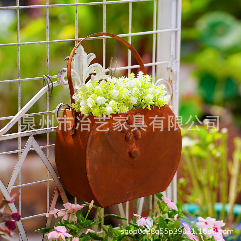 跨境新款生锈手提包花篮 户外装饰花篮 仿真手提包花篮|undefined