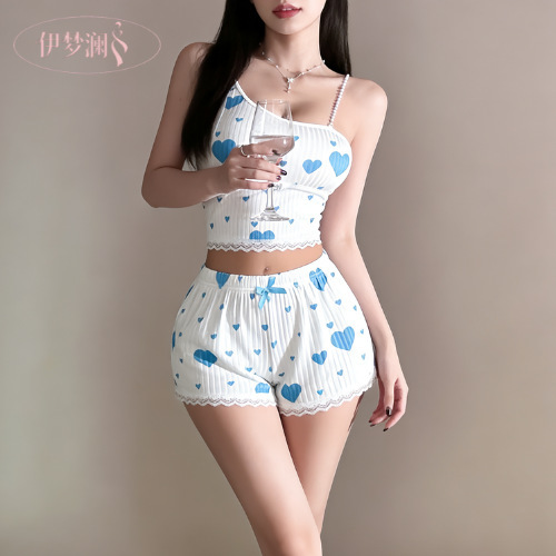 Yimenglan Women's Summer New Style Pajamas with Heart Print, Sweet Pearl Chain, Casual Japanese-Style Sleepwear Loungewear Yimenglan Women's Summer New Style Pajamas with Heart Print, Sweet Pearl Chain, Casual Japanese-Style Sleepwear Loungewear