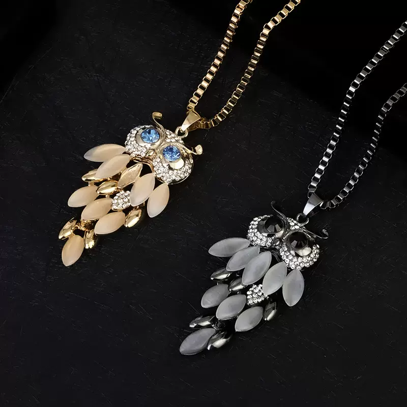 欧美跨境时尚个性创意设计镶钻长款毛衣链猫头鹰吊坠项链项饰批发