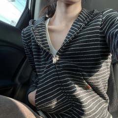 美式条纹开衫拉链长袖女春秋设计感修身收腰显瘦百搭休闲外套