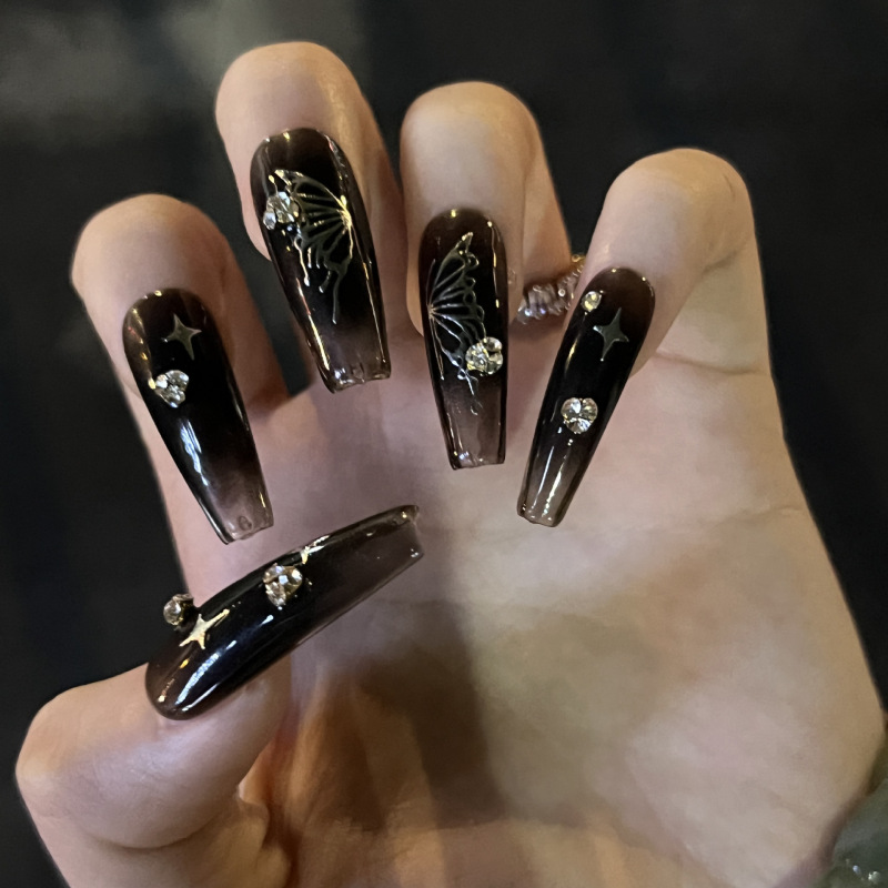 Wearing Fake Nails, Ice-Transparent Black Silver Cut Out Butterfly Starburst Rhinestone Finished Nails Wholesale Nail Nails