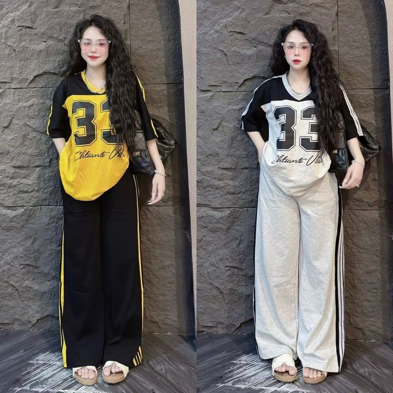 外贸美式时尚套装女新款拼色字母印花短袖条纹宽松阔腿裤两件套夏|undefined
