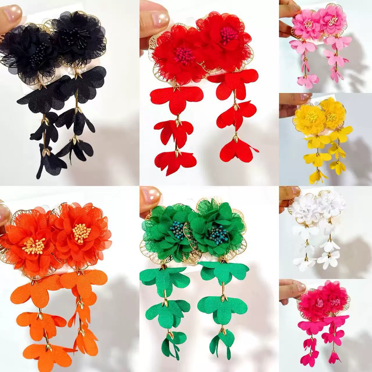 原创新款布艺彩色花朵流苏耳环 夸张绿色花卉耳坠手工雪纺耳饰