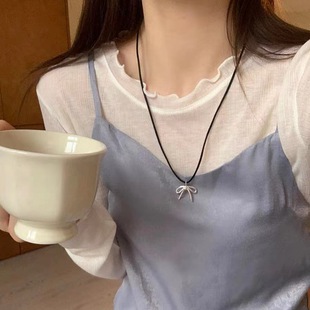 Blogger's Same Style Pull-Out Black Rope Bow Necklace, Cool Style Women's Bow Necklace, Simple and Fashionable Ribbon Necklace