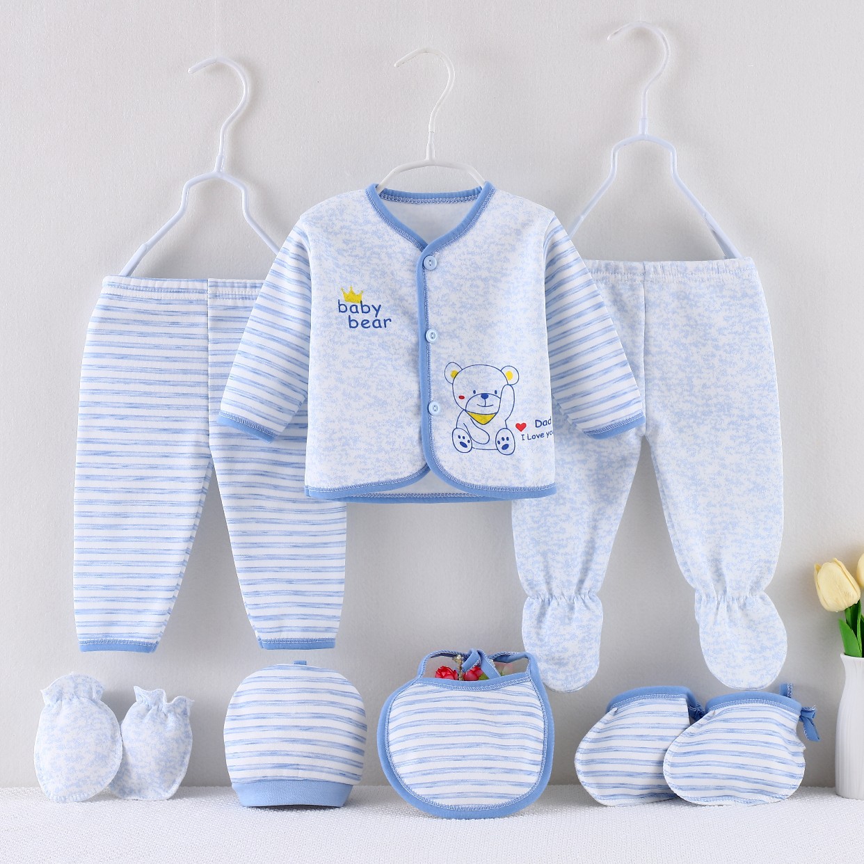 Comercio exterior suministro Anyang otoño y invierno bebés con ropa interior cálida de terciopelo recién nacido seda de leche set de siete piezas