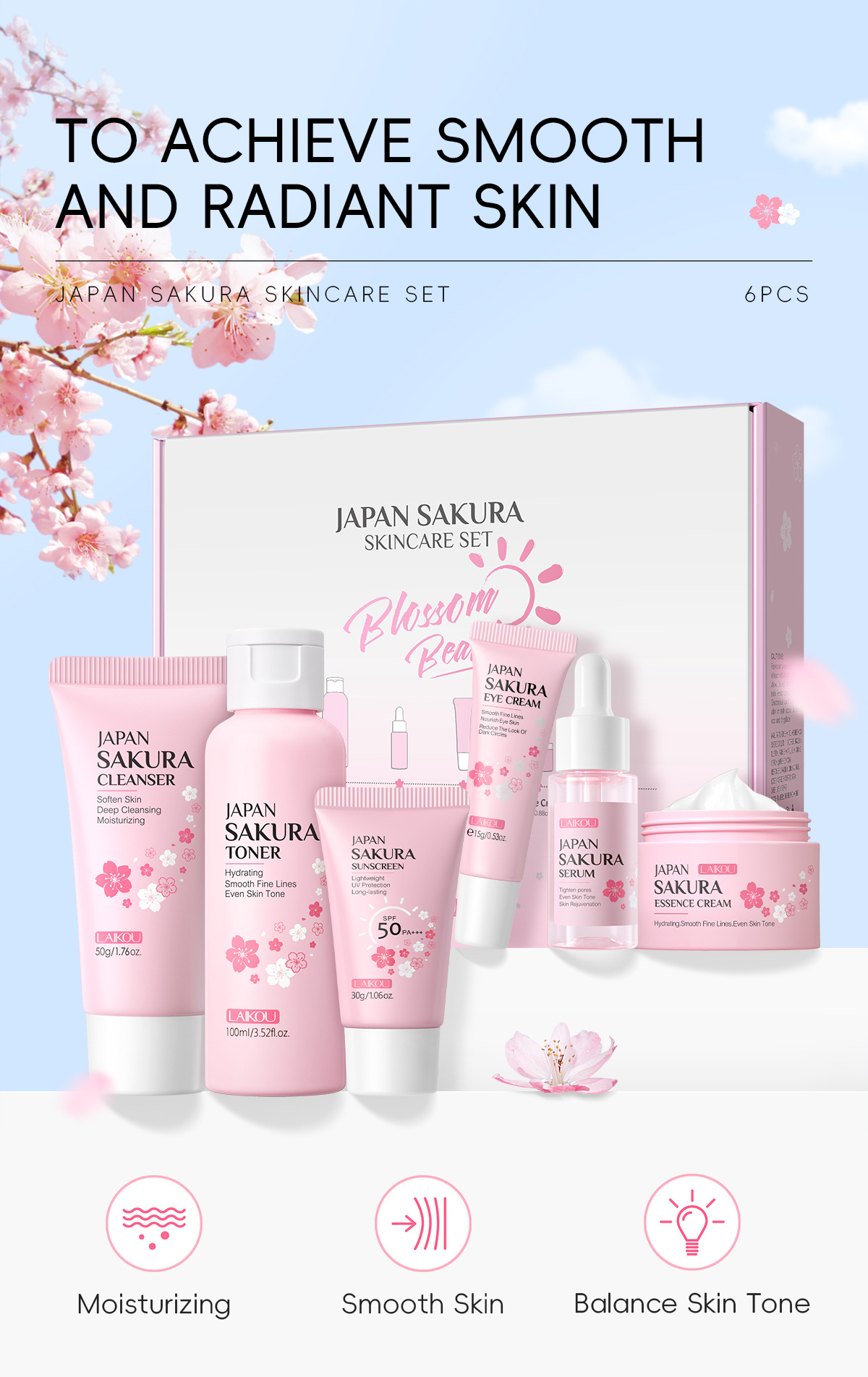 LAIKOU Cherry Blossom Skincare six-piece Set: Facial Cleanser, Essence, Eye Cream, Face Cream, Toner, sunscreen, Cross-border Application Scenario