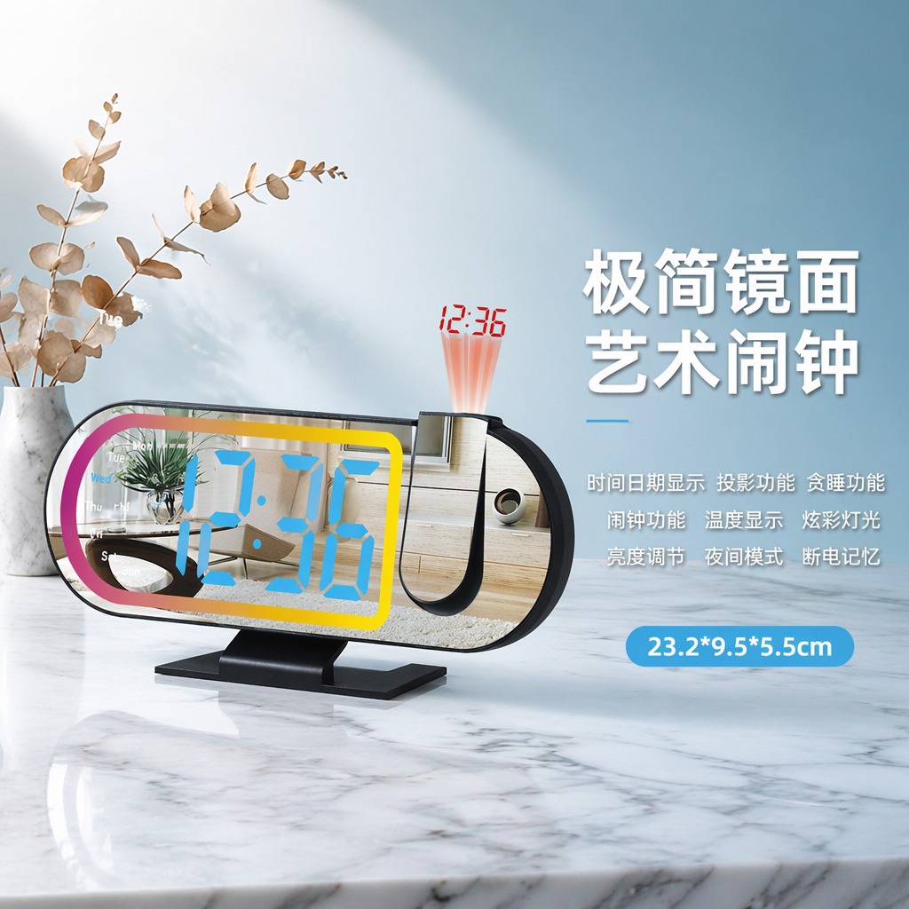 多功能电子钟（镜面显示+投影灯）黑壳蓝字3827lp