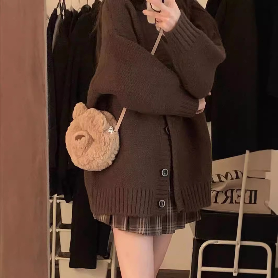 Coreano color sólido de cuello en V jersey de punto suéter mujeres otoño invierno nuevo estilo perezoso estilo suave pegajoso versión suelta abrigo grueso image 5