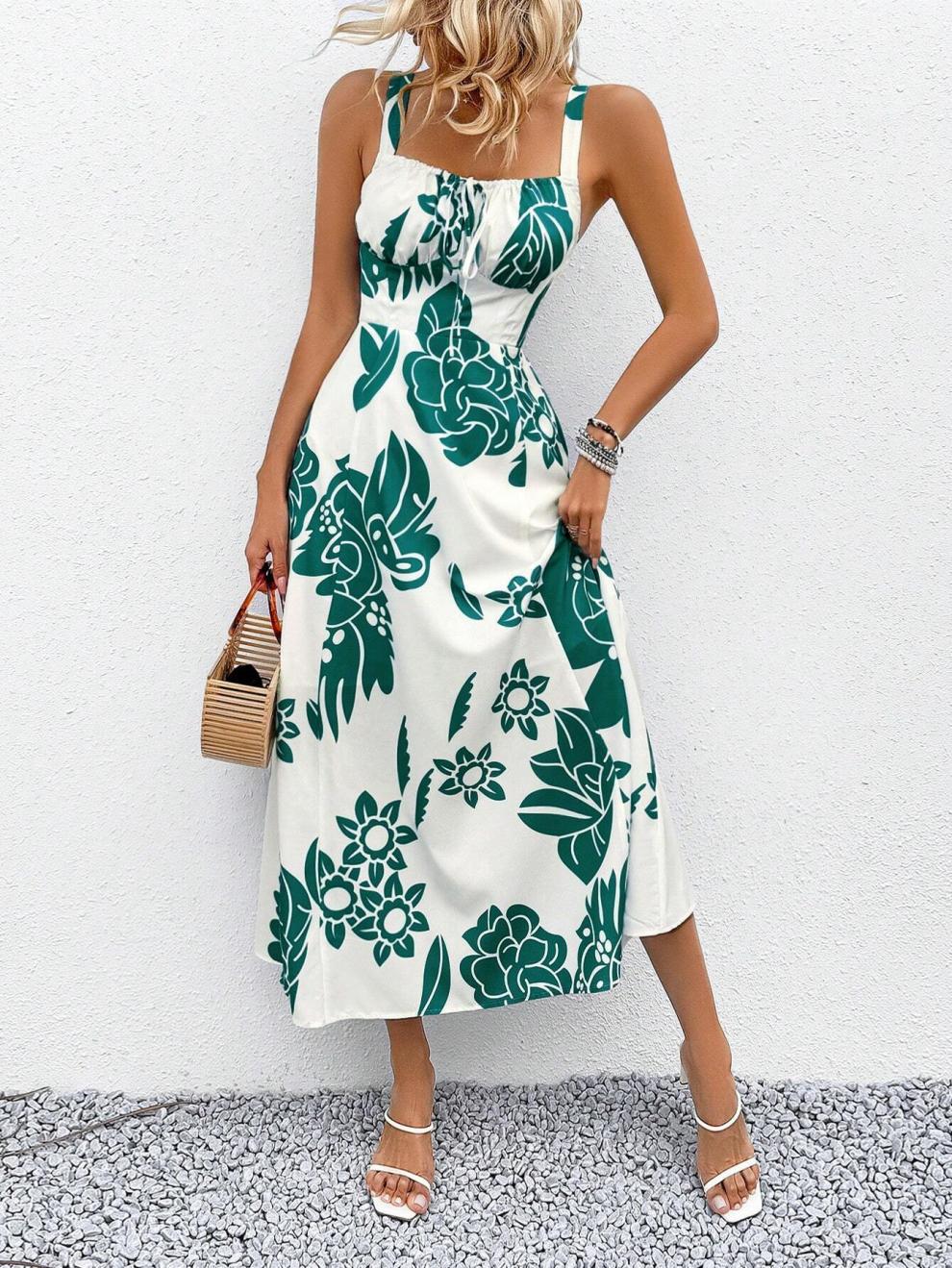 227g Weight Midi Dress Dress Length Type Sleeveless Sleeve Length Strap Dress Dresses Type Sleeveless Sleeve Type Polyester Fabric Type Elastic Waist Waist Line Holiday Occasion Strap Neckline Regular Fit Fit Type Flower Pattern Summer Season Women's Gender Streetwear Style Wholesale Women's Streetwear Flower Holiday Strap Sleeveless Strap Dress 9