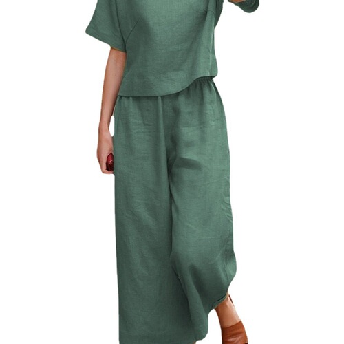 Amazon Western Pure Color Short Sleeve Set Elegant Commute Two-Piece Set for Women