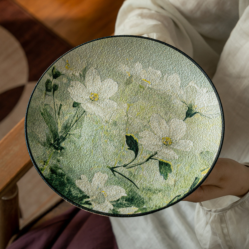 New Chinese-style oil painting design ceramic plates, round dinner plates for home use, dessert presentation plates, decorative Japanese-style tableware wholesale