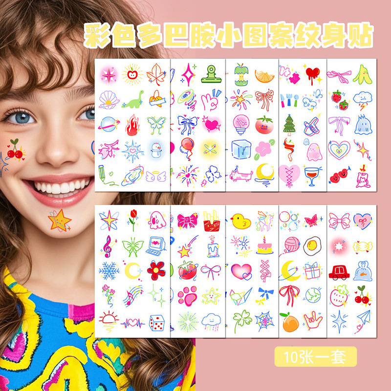 10 Colorful Dopamine Small Pattern Makeup Tattoo Stickers for Holiday Party Activities, Arm and Face Decoration