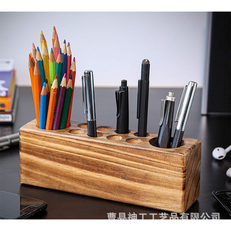 木制文具笔筒 创意办公用品实木笔盒摆件长方形木质桌面收纳笔筒