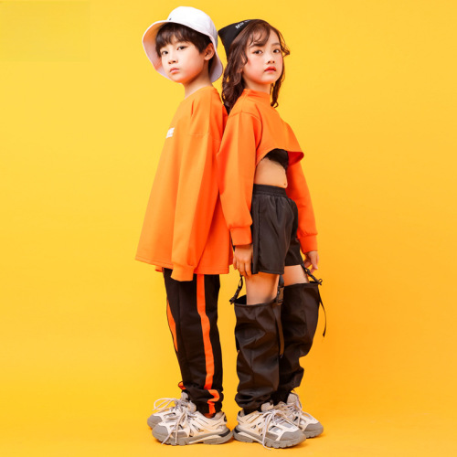 Children's Autumn-Winter Street Dance Suit for Girls and Boys, Revealing Navel Jazz Dance Costume with Hip-Hop Style for Kids