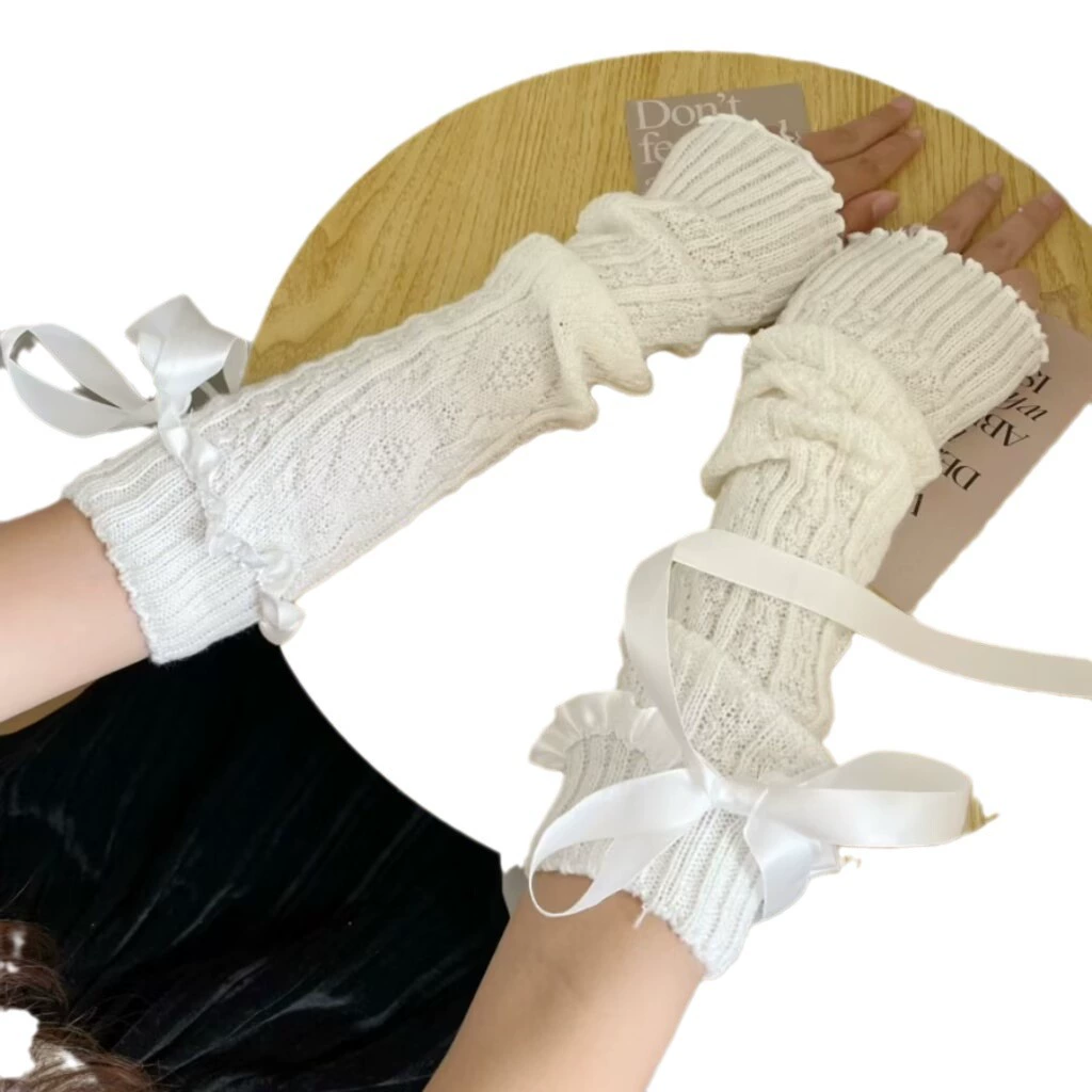 Cute belt with bow, keep warm Japanese sleeves, knitted gloves
