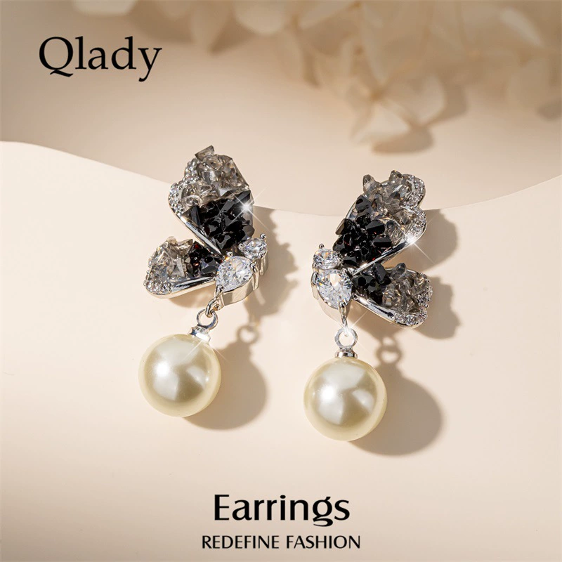 Серьги (Qlady) с жемчужной подвеской, лёгкая люксовая европейская стиль, кристаллы