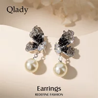 Серьги (Qlady) с жемчужной подвеской, лёгкая люксовая европейская стиль, кристаллы