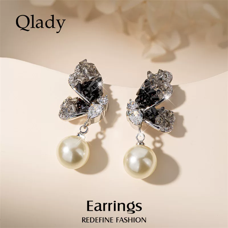 Серьги (Qlady) с жемчужной подвеской, лёгкая люксовая европейская стиль, кристаллы