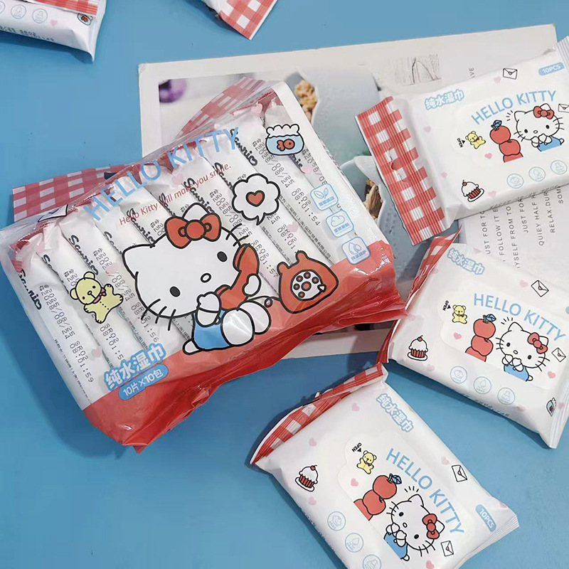 Red Plaid Kt Cat Wet Wipes 10 Pumps Student Portable Small Bag Wet Wipes Baby and Kidsren Disposable Hand and Mouth Cleaning Wipes
