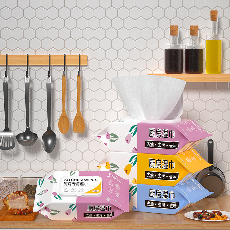 Household Kitchen Cleaning Oil-removing and Stain-removing Wet Wipes, Disposable Oil Absorbing Wet Wipes for Oven and Stove Top, 80 Pads