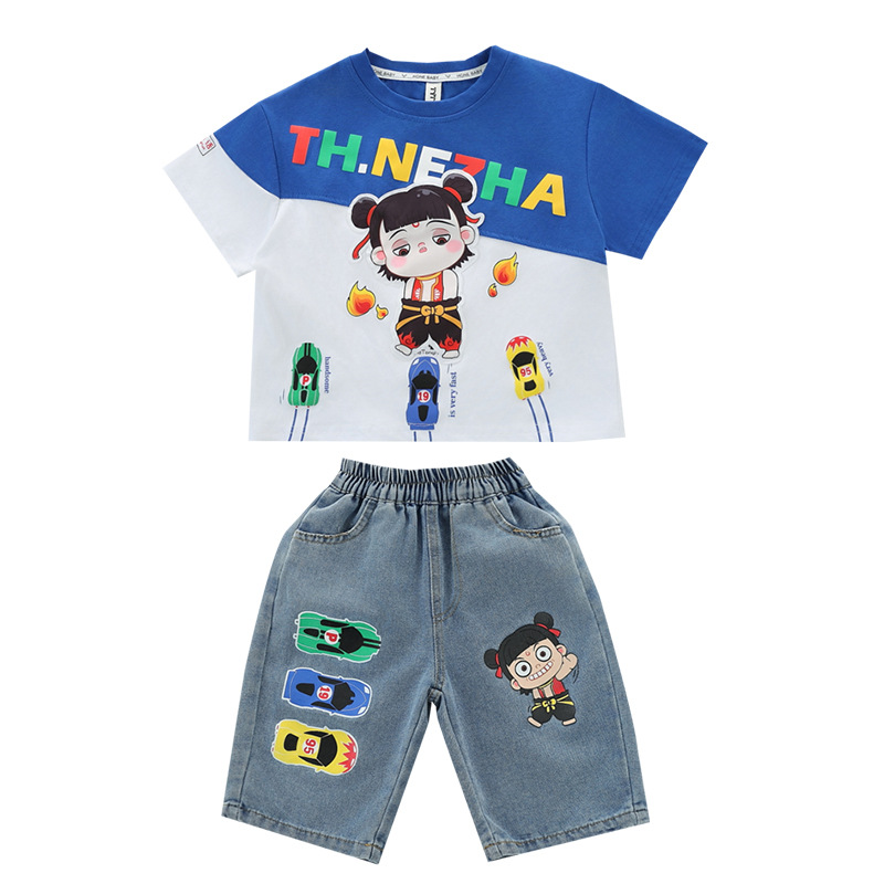 7852 ropa de dibujos animados traje de verano para niños 2025 nuevo estilo estilo occidental bebé de manga corta ropa para niños pantalones cortos de verano marea