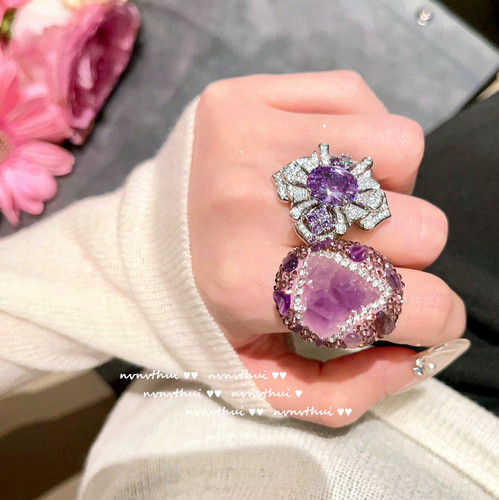 Uruguayan purple flower gemstone ring vintage 18K gold plated Tanzanite amethyst zircon ring necklace