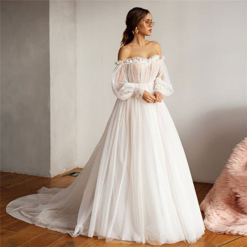 Vestido de Novia Elegante de Encaje con Mangas Abullonadas y Cola Corta de Tul, Estilo Europeo y Americano, para Comercio Exterior en Amazon y AliExpress