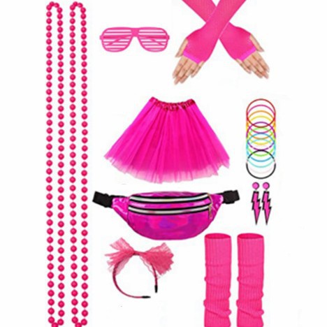 Traje de la década de 1980 fiesta de baile hebilla en la cabeza gafas cadena de cuentas rodilleras falda aretes traje de los 80