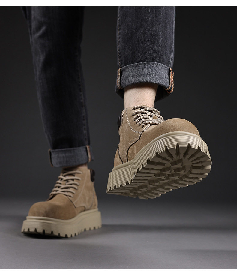 Giày bốt Martin nam da lộn đế dày tăng chiều cao, bốt cổ trung đi phượt — 76928 kaki chi tiết 14