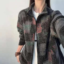 七彩格子美式复古立领卫衣男款春季潮牌高级感慵懒风针织开衫外套