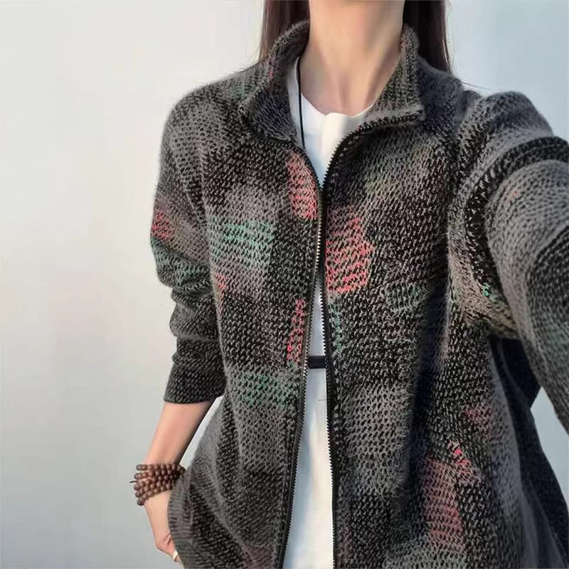 Colorful Plaid American Retro Stand-Up Collar Sweatshirt for Men, Spring Trendy Brand, High-End Lazy Style Knitted Cardigan Jacket