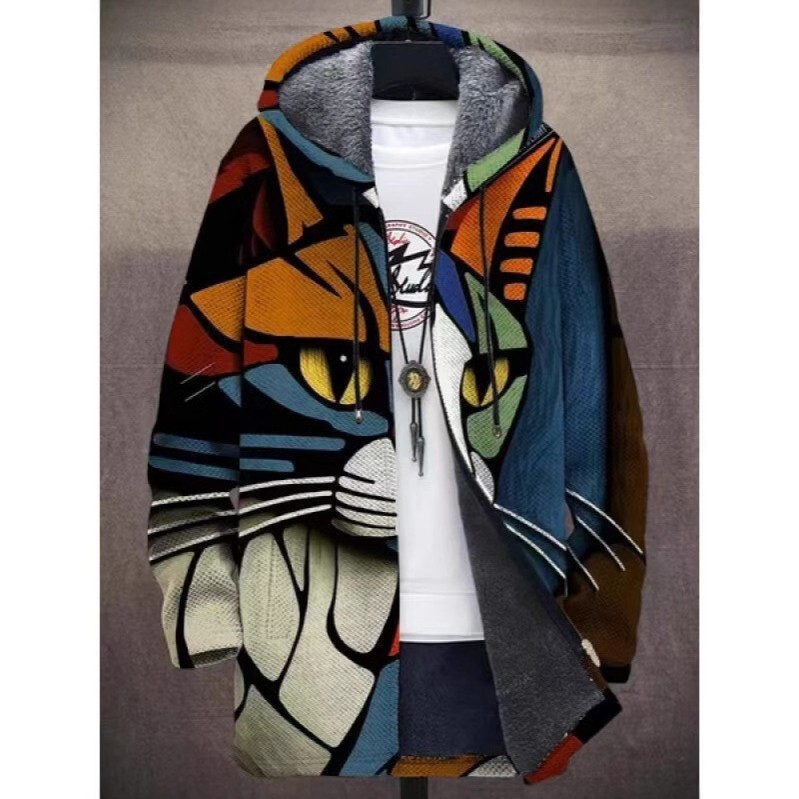 Men's Cross-Border Winter Jacket with Printed Plush Lining, Thickened Windproof Jacket, Long-Sleeve Zippered Fashion Hooded Loose Fit