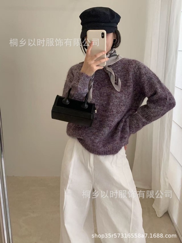 以时 简约韩系软糯彩纱毛衣 25秋冬季圆领套头纯色百搭针织衫 女|undefined
