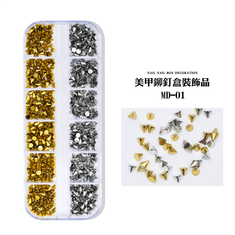 Cross-border exclusivo vintage punk estilo cónico remache joyería de uñas 12 rejilla de oro y plata de color joyería de uñas al por mayor