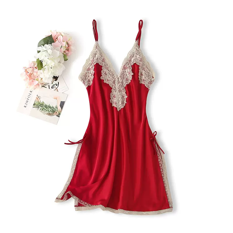 夏季性感睡衣女丝绸薄款带蕾丝花边露美背V领新款可内搭吊带睡裙