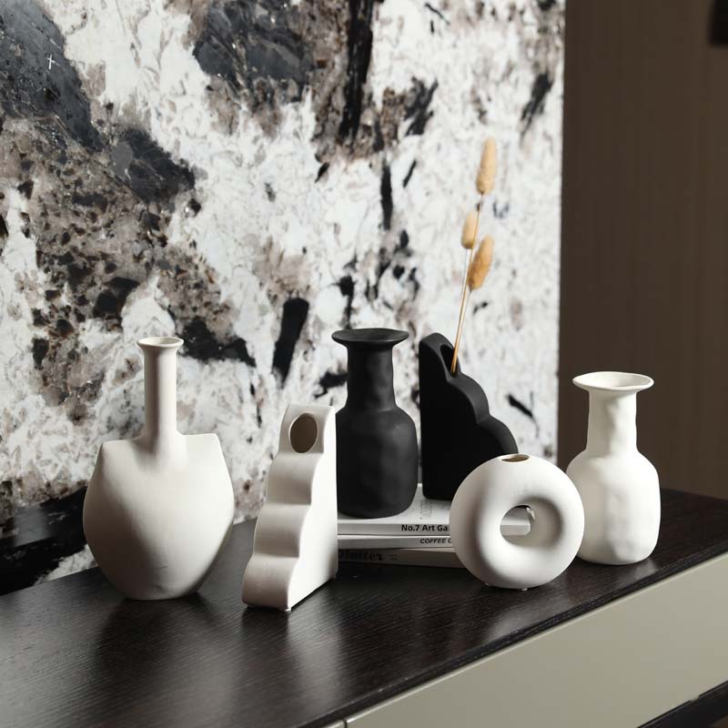 Vaso de cerámica blanca de viento silencioso ornamentos de sala de estar de arte abstracto geométrico flor seca botella de decoración floral
