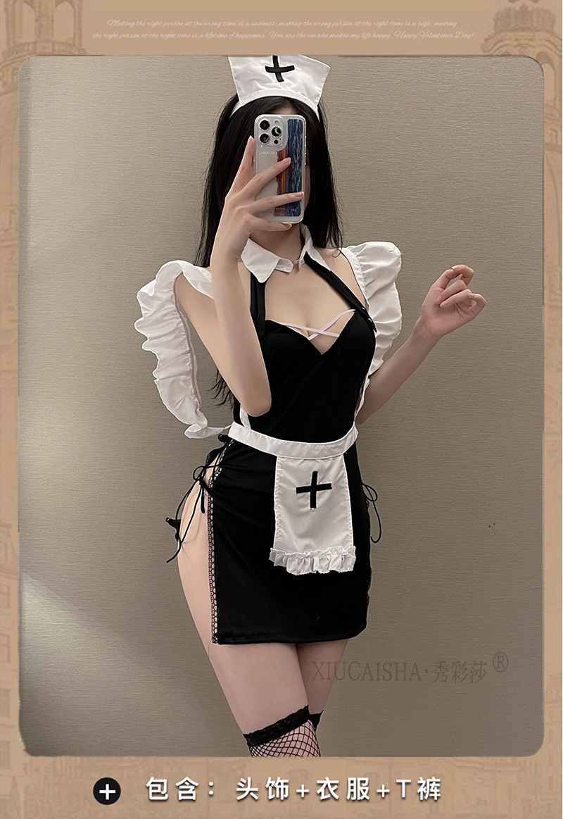 Nun Roleplay Lingerie Set with Headpiece, Thong and Fishnet Stockings, Plus Size Maid Uniform — detail image 4
