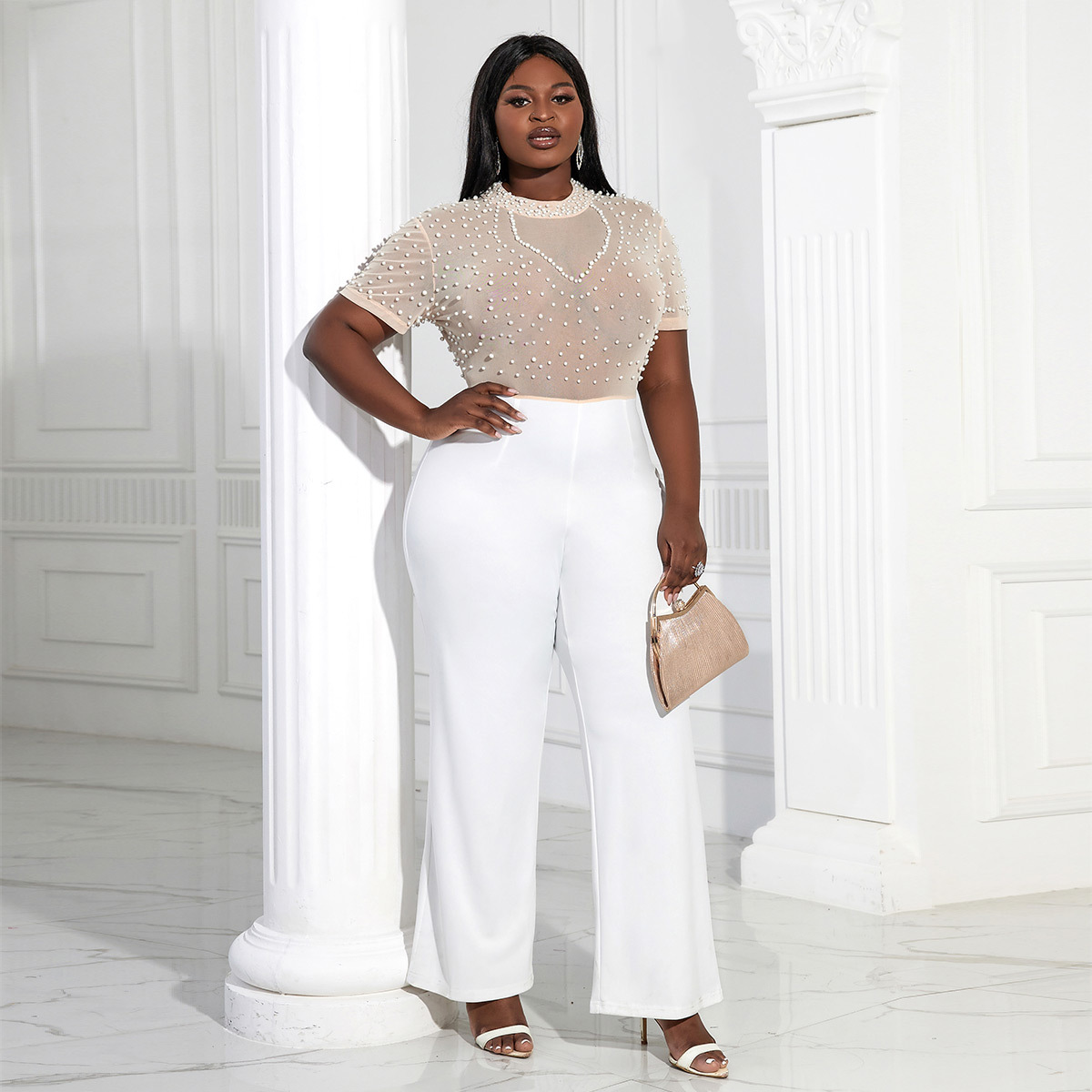 Women's Clothing Round Neck Short Sleeve Beaded Jumpsuit Casual Style High Waist Slim Party Dress Jumpsui_voghion.com