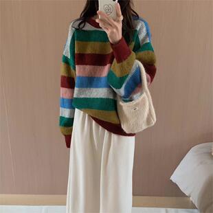 2025 Autumn and Winter New Knitted Sweater Women's Korean-style Lazy Style Rainbow Stripe Soft Waxy All-match Round Neck Pullover Sweater